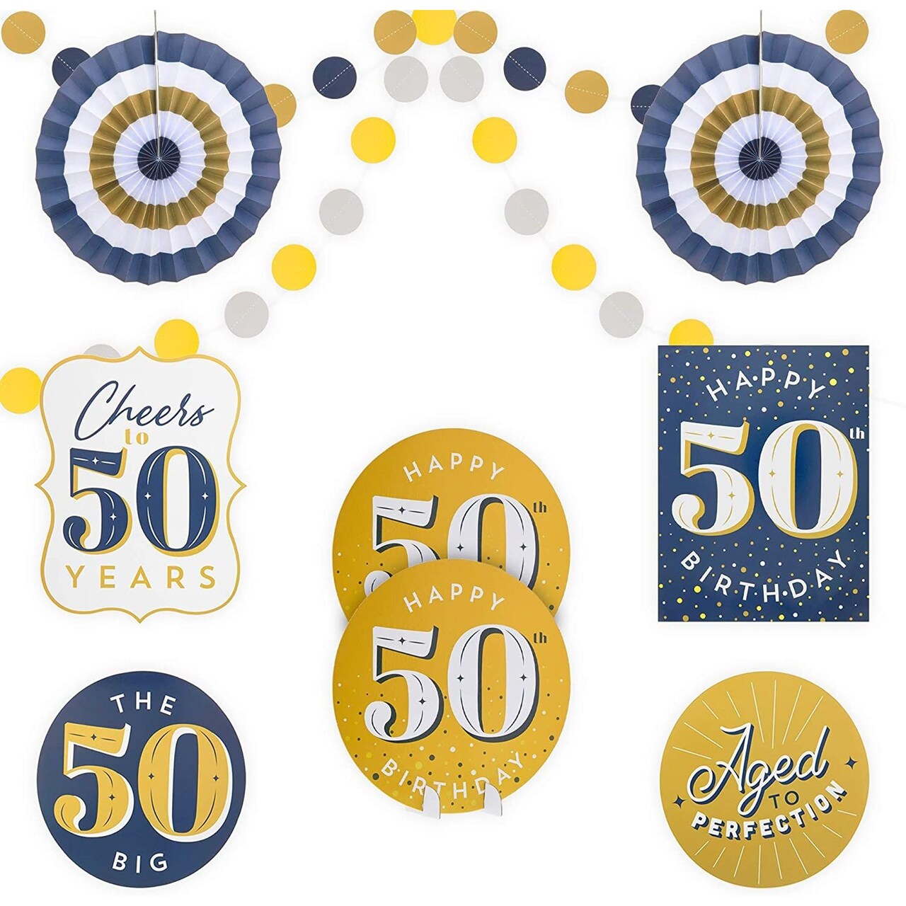 50th Birthday Decorations, Includes Table Centerpieces, Wall Sign, Ceiling Decorations and Confetti String (12 Pieces)